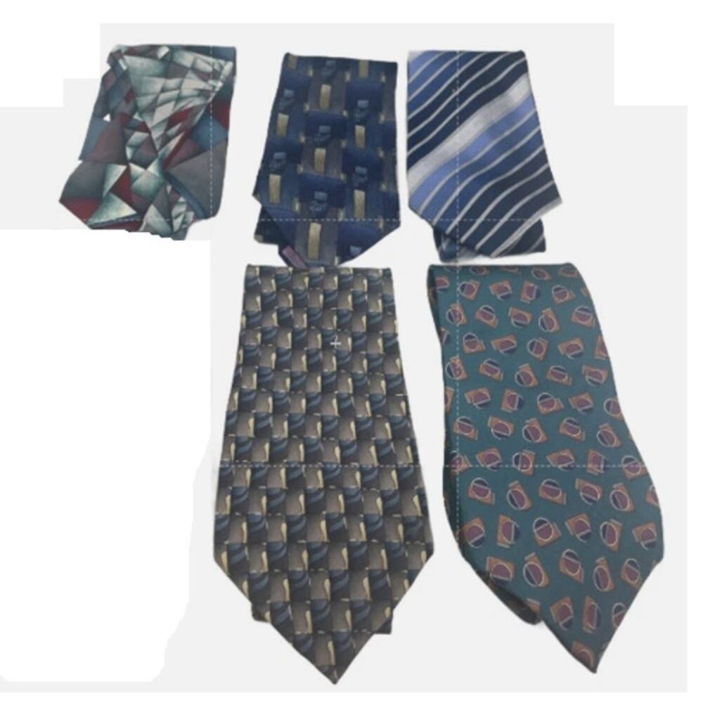 Lot of 5 Silver Navy Blue Tan Geometric Stripe Vintage and Modern Mens Neck Ties